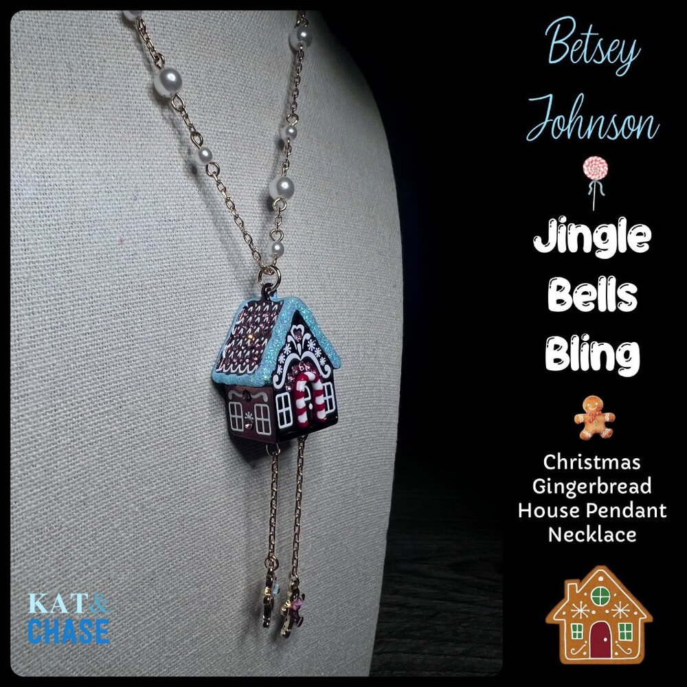 Betsey Johnson Gingerbread House Pendant Necklace Jingle Bell Bling New